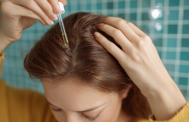 Fototapeta premium Woman applying scalp oil with dropper during hair care routine