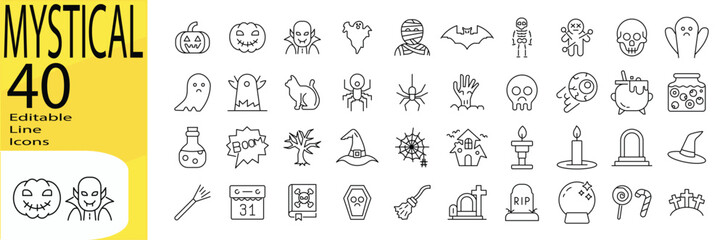 Mystical icon set. Editable stroke.	