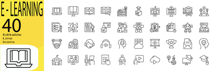 E - Learning icon set. Editable stroke.	