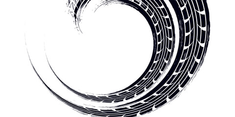 Tire track. Car, bike, motorcycle tyre mark with grunge effect isolated on white background.