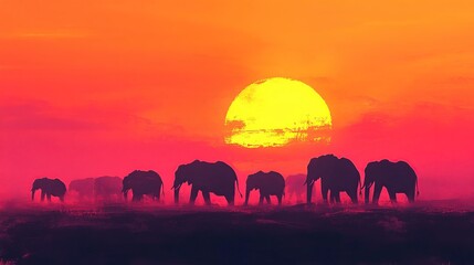 Fototapeta premium African Sunset: Elephants Silhouetted Against a Vibrant Sky