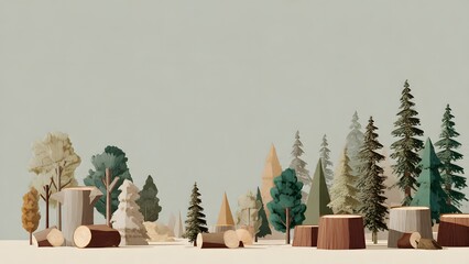 Minimalist conceptual illustration of deforestation with stylized trees and cut logs, symbolizing forest loss, logging activity, environmental damage, and sustainability issues with clean copy space.