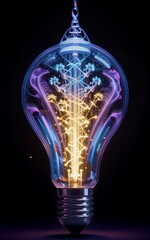 Futuristic glowing light bulb filled with vibrant, swirling energy and sparkles against a dark background.