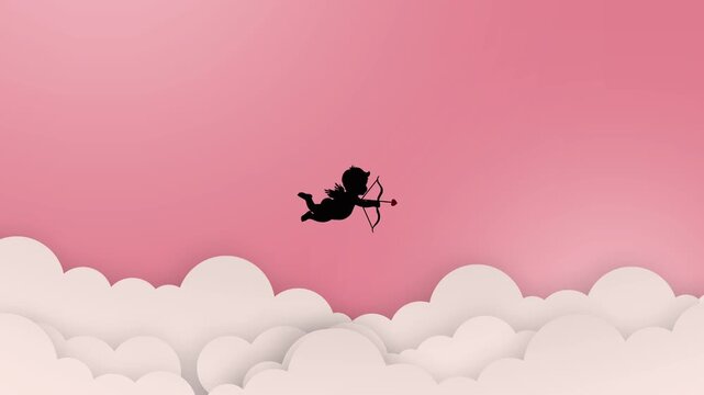 Loop animation of flying cupid silhouette holding bow and heart arrow above soft clouds with pink gradient sky. Perfect for valentine, love stories, romantic promos, greetings, and wedding concept.