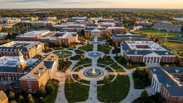 Aerial view of a university campus featuring a central fountain, symmetrical buildings, and manicured green spaces.