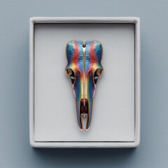 A sleek enamel pin of an elongated animal skull with rainbow metallic sheen, blending edgy gothic and pride styles.