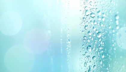 Rain drops on window glass with soft blue bokeh background
