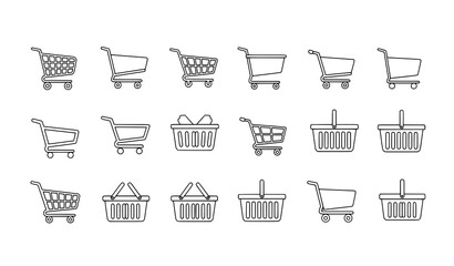 Shopping cart wireframe icon set linear trolley and basket symbols vector illustration for UI design © MDTAREK