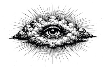 Obraz premium Hand drawn line art illustration of an all-seeing eye of providence with clouds and rays depicting enlightenment and spiritual protection for mystical and esoteric concepts