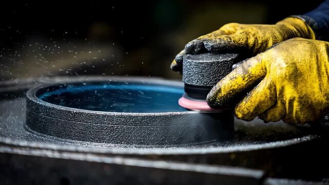 Operator engaged in deburring a cast component with handheld equipment ensuring smooth edges and quality finish.