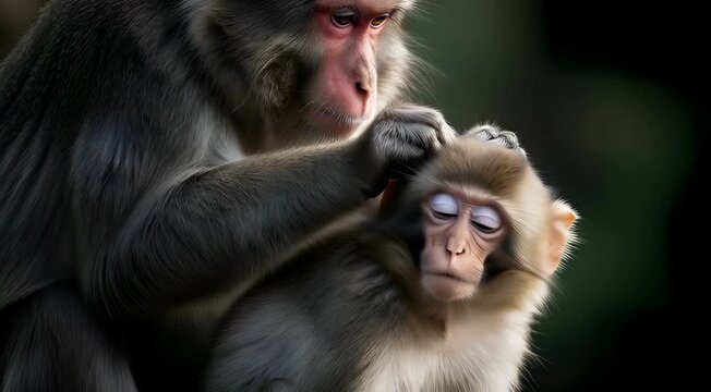 Close up of a mother Rhesus Macaque monkey grooming her infant baby in the wild with a dark blurred background