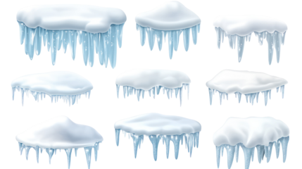 Realistic Snow Caps Set, Icicles, Snowballs, and Snowdrifts on Transparent Background