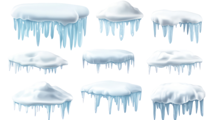 Realistic Snow Caps Set, Icicles, Snowballs, and Snowdrifts on Transparent Background