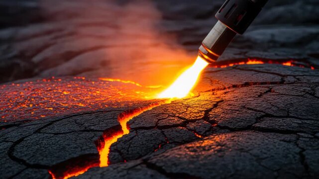 Molten lava flowing through cracked earth, glowing intensely with heat and smoke.