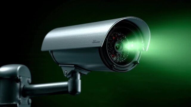 Surveillance camera with green light, security and protection concept.
