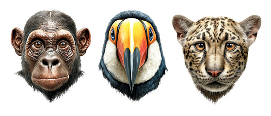 Obraz premium Highly Detailed Portraits of Wildlife Faces Featuring an Ape, Toucan, and Leopard