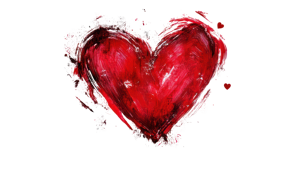 Red love heart made of rough strokes isolated on transparent background