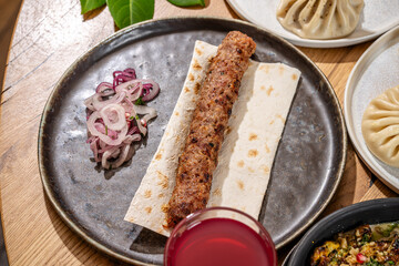 Grilled Kebab With Lavash In Georgian Restaurant