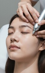 Naklejka premium Woman receives facial treatment; technician uses silver device on her forehead.