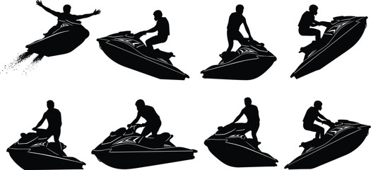 Jet ski rider silhouette action set, extreme water sports personal watercraft poses, dynamic black vector illustration isolated on white background