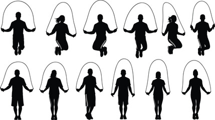 Jump rope exercise silhouettes of men and women, fitness training vector illustration, cardio workout activity set, healthy lifestyle concept, isolated on white background © Shoentesh