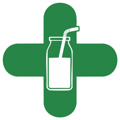 Fototapeta premium Green pharmacy cross overlaying a stylized bottle with a straw filled with liquid