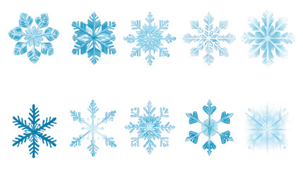 Set of light blue snowflake icons collection isolated on transparent background