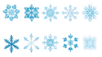 Set of light blue snowflake icons collection isolated on transparent background