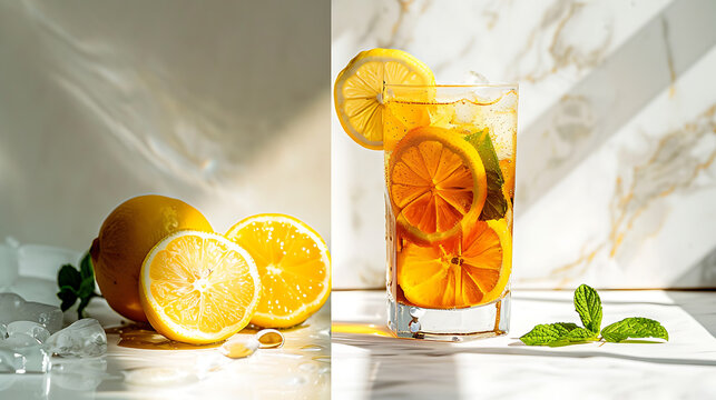 Top view of homemade lemon mint iced drink with scattered lemons ice cubes and herbs on white marble surface hard light photography for summer recipe refreshing beverage menu or detox water concept.