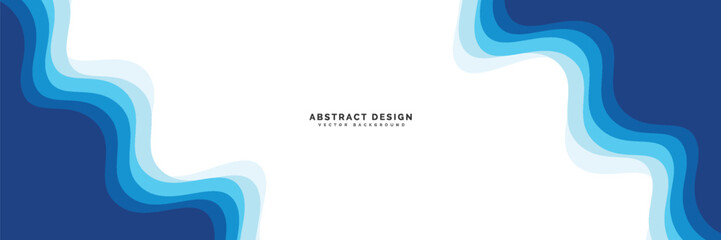 Modern abstract wave design featuring multiple blue layers and organic curves on a white center space for text placement.