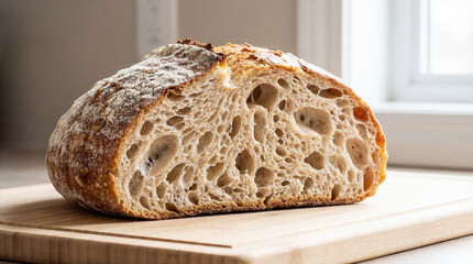 Slice of fresh bread showing soft puffy texture and airy crumb detail