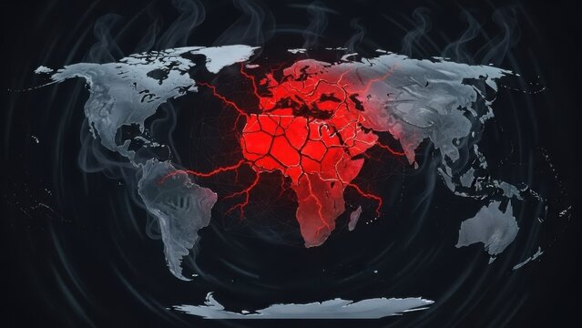 A world map highlighting Africa with red cracks and lines on a dark background, indicating global issues or conflicts.