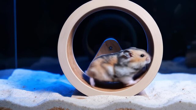 Cute Hamster Running Fast Inside Circular Exercise Wheel at Night