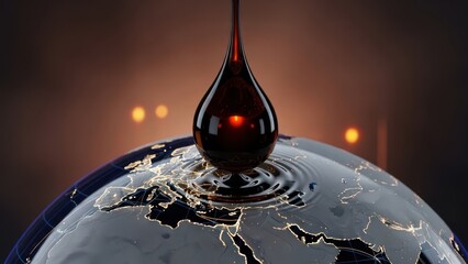 A drop of oil falls onto a globe, symbolizing the impact of energy on the planet.