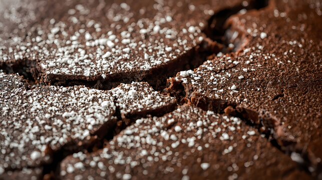 Rich chocolate brownie close up with powdered sugar topping, moist homemade dessert texture perfect for bakery menu and sweet food concept