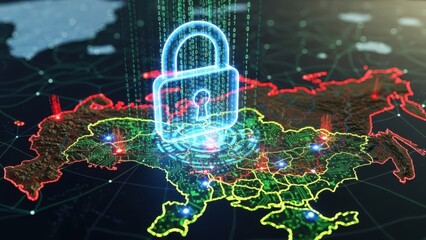 A glowing blue padlock secures a digital map of Europe with red, green, and yellow outlines, symbolizing cybersecurity and data protection.