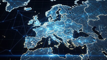 A glowing blue map of Europe at night, showcasing interconnected city lights and modern technology infrastructure across the continent.