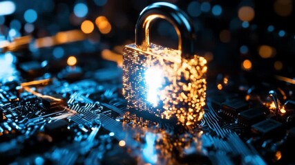 Glowing, digital padlock on a circuit board, symbolizing cybersecurity and data protection - Powered by Adobe
