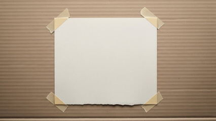 A white sheet of paper taped to a corrugated brown surface
