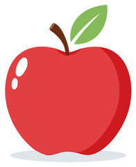 Fototapeta premium Stylized red apple with green leaf and brown stem simple graphic illustration