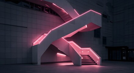 External staircase of a modern building with unique architectural design. Concept of contemporary architecture, urban structure, and creative construction aesthetics.