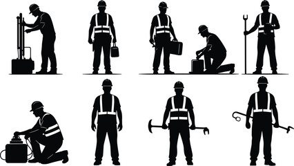 Industrial Worker and Maintenance Technician Silhouette Vector Set, Manual Laborers in Hard Hat and Safety Vest Illustrations, Construction, Repair, and Service Workforce Professionals Collection