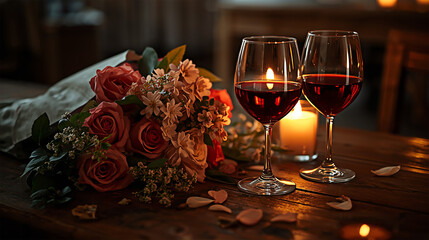 Romantic Dinner Table with Flowers and Wine