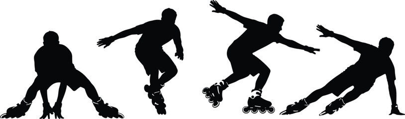 Fototapeta premium Inline skating action silhouettes set, dynamic rollerblade movement poses, extreme sport energy and balance, urban fitness motion concept, black and white vector illustration