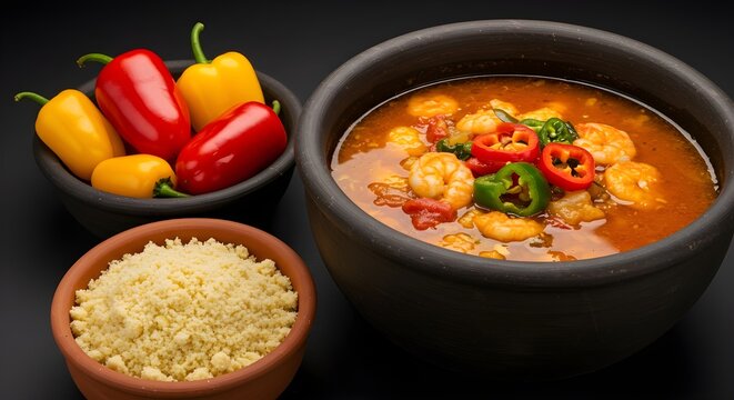traditional Brazilian moqueca baiana simmering with dend&ecirc; oil, colorful peppers, and coconut milk. Concept of Afro-Brazilian cuisine, cultural heritage, rich flavors, and tropical gastronomy.