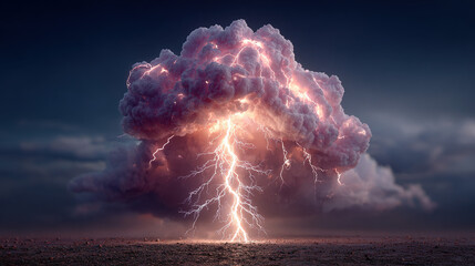 lightning strikes through a large storm cloud over an open landscape.
