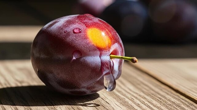 Close-up of a ripe purple plum resting on a rustic wooden table under warm sunlight with natural texture.