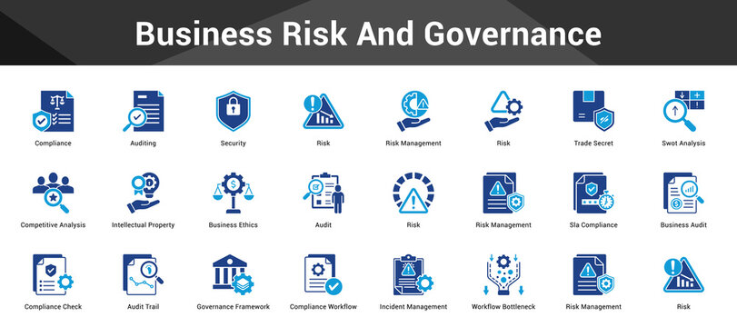 Business Risk And Governance Cohesive set of minimalist vector icons representing key ideas with visual clarity