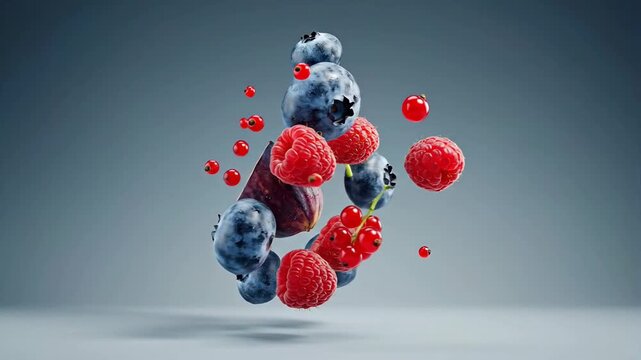 Dynamic Floating Mixed Berries and Fruits Animation with Leaves in Studio