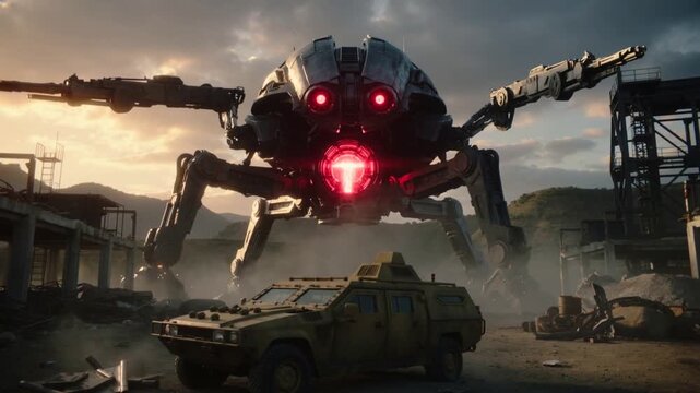 Attaque d&rsquo;une araign&eacute;e robot g&eacute;ante sur un v&eacute;hicule blind&eacute;